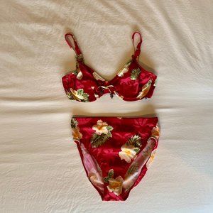 Kechika Bikini High Waist Bottoms and Underwire Bra Top 34D Pink Tropical Print